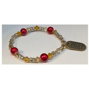 Handmade Beaded Stretch Bracelet Beads Red Amber Gold PRAY Charm Religious Faith